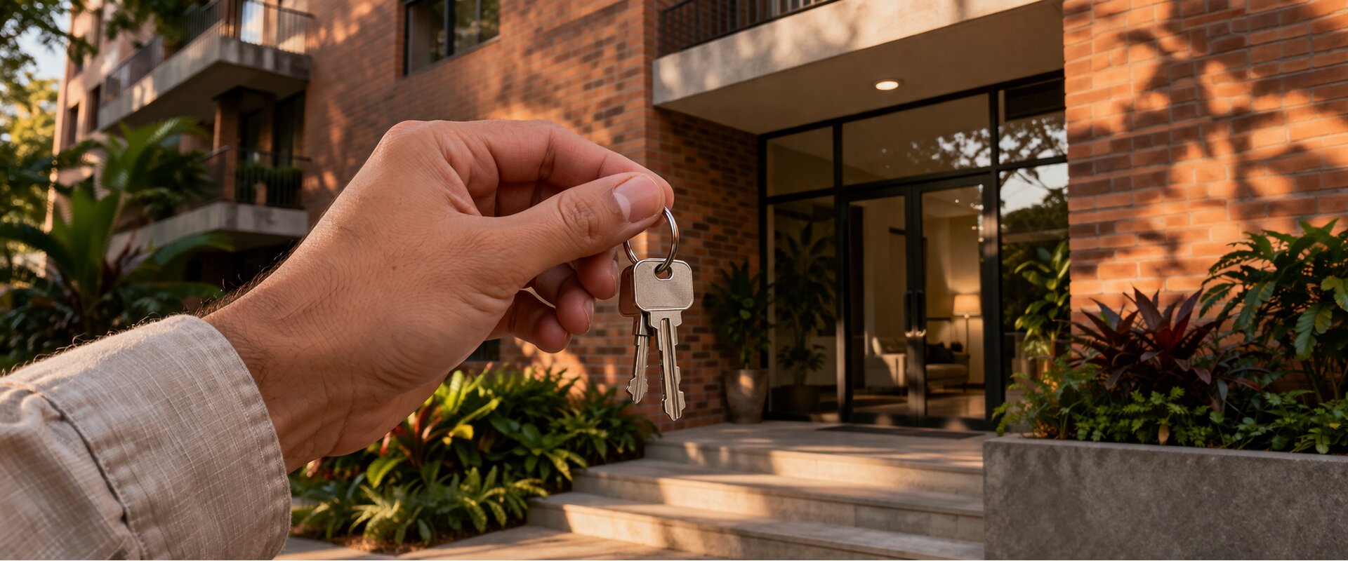 Llaves de apartamento frente a un edificio residencial en Medellín